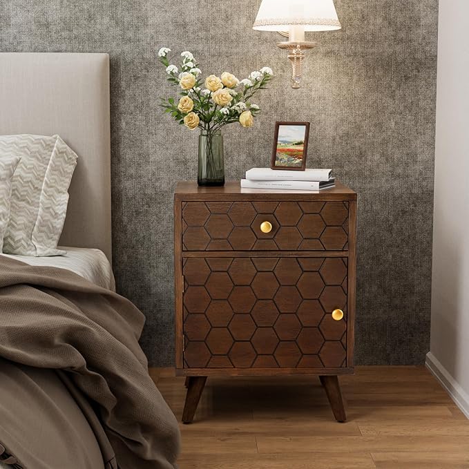 Rustic End Table with 2 Drawers, Vintage Wood Bedside Table