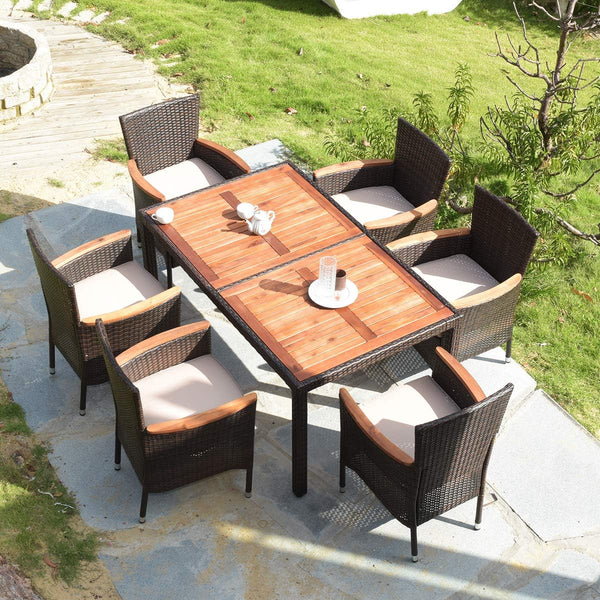 7 PCS Outdoor Patio Dining Set, Garden Dining Set w/Acacia Wood Table Top, Stackable