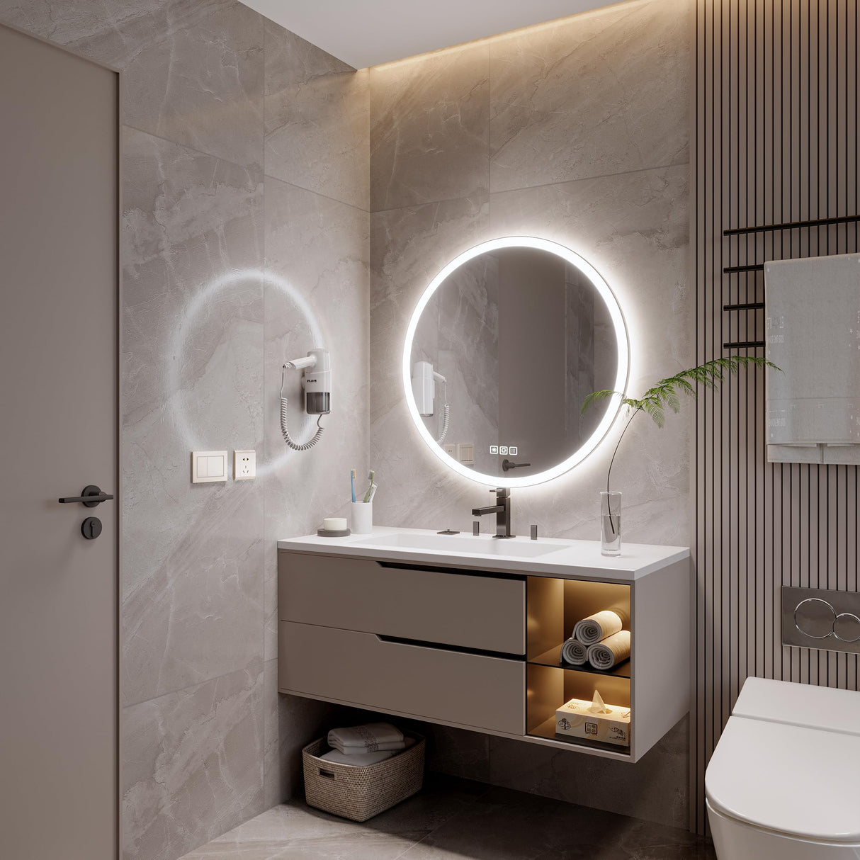 20-Inch Round LED Bathroom Mirror with Anti-Fog & Dimmable Lighting