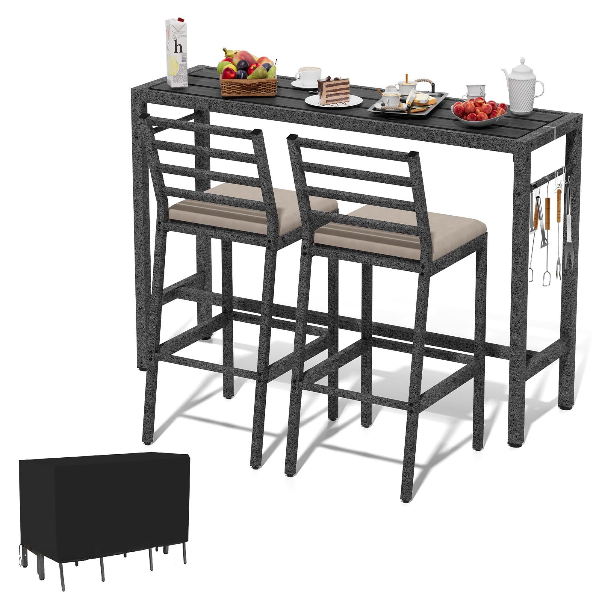 3Pcs Outdoor Patio Bar Set, 55" Rectangular Pub Height High Top Bar Table