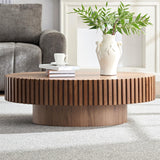 Oval Drum Coffee Table Handcrafted Relief Sturdy Pedestal Wooden Olive