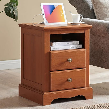 Nightstand with Charging Station, 18 Inch Vintage End Table with 2 Drawers for Living Room,