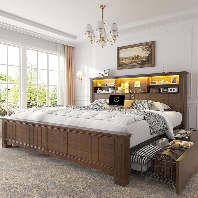 Headboard and Storage, 4 Drawers & LED & USB Bed Frame Queen Size with Storage