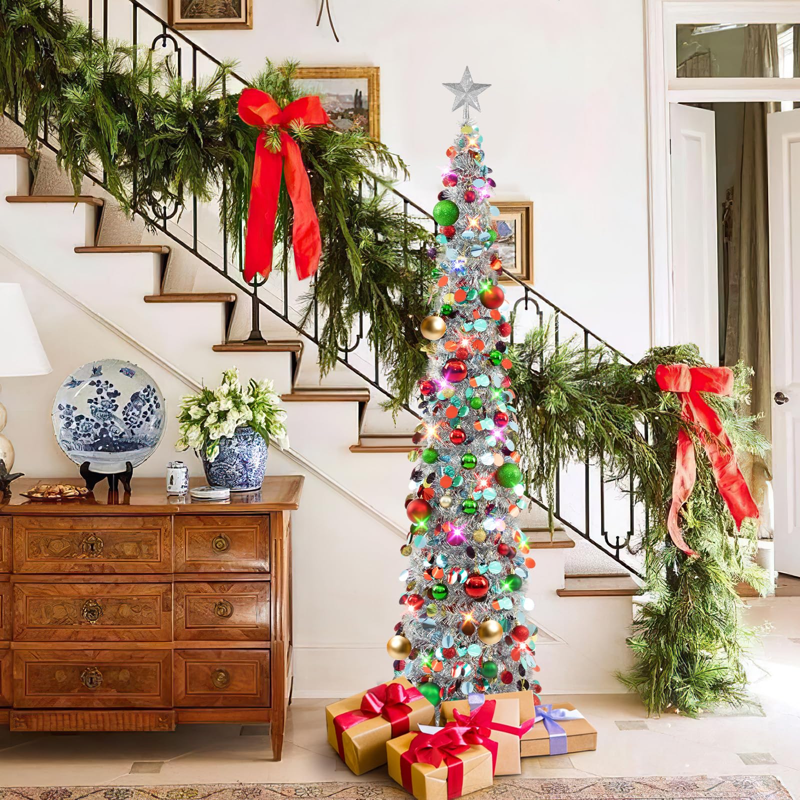 Up Christmas Tree with Lights & 40 Balls, 6Ft Collapsible Silver Mix Tinsel Christmas Tree