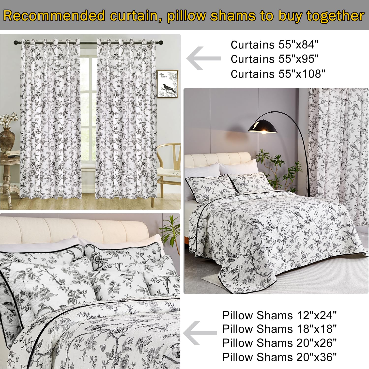 100% Cotton Quilt Queen Size - Black Bird Reversible Coverlet Set 3 Pieces