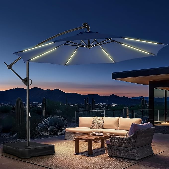 10ft Solar Lights Offset Cantilever Patio Umbrella - with Light and Base, LED Lighted