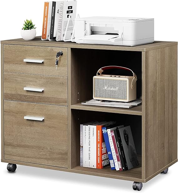 3-Drawer Wood File Cabinet with Lock, Mobile Lateral Filing Cabinet, Printer Stand