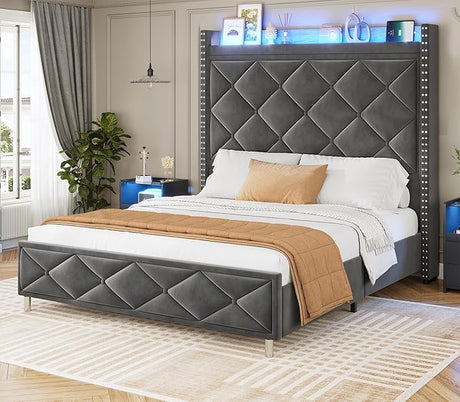 Queen Bed Frame with Tall Storage Headboard, Bed Frame Queen Size with Charging