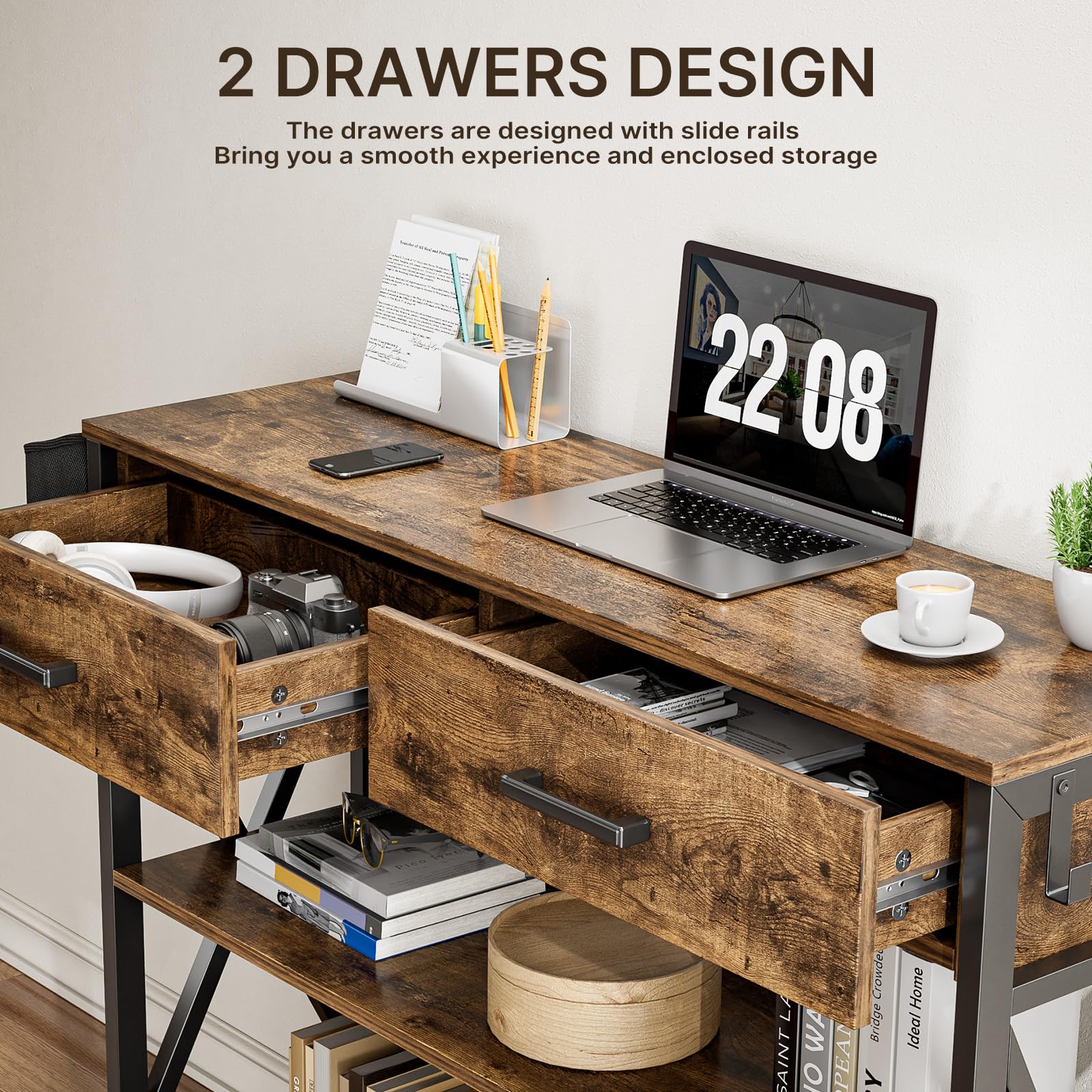 39" Console Table with 2 drawers, Industrial Entryway Table with 3 Tier Storage Shelves,