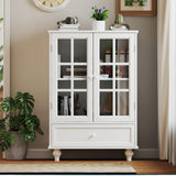 White Buffet Cabinet with Glass Doors and Drawers, Modern Wooden Buffet