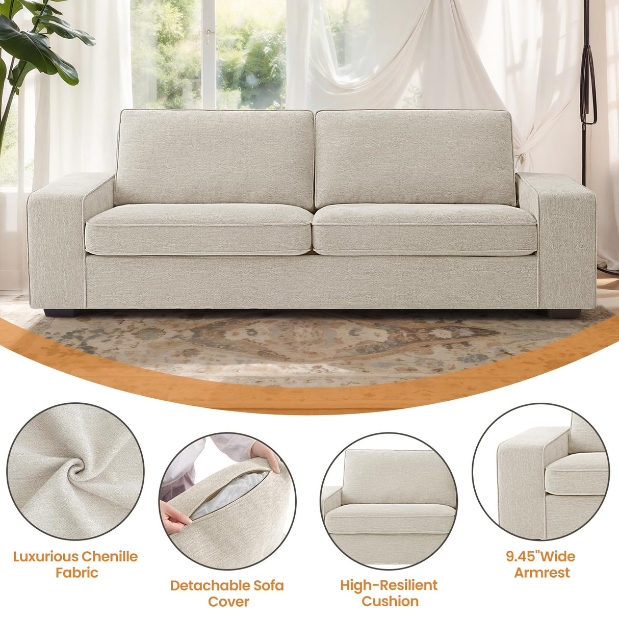 88.58" Modern Sofa 3 Seats Couch for Living Room, Chenille Oversized Loveseat Sofa