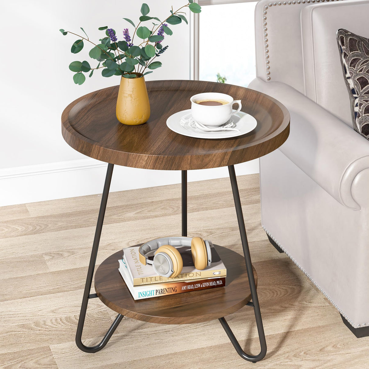 Set of 2 Round Side Table, 2-Tier End Table with Metal Legs, Modern Industrial Beside Table