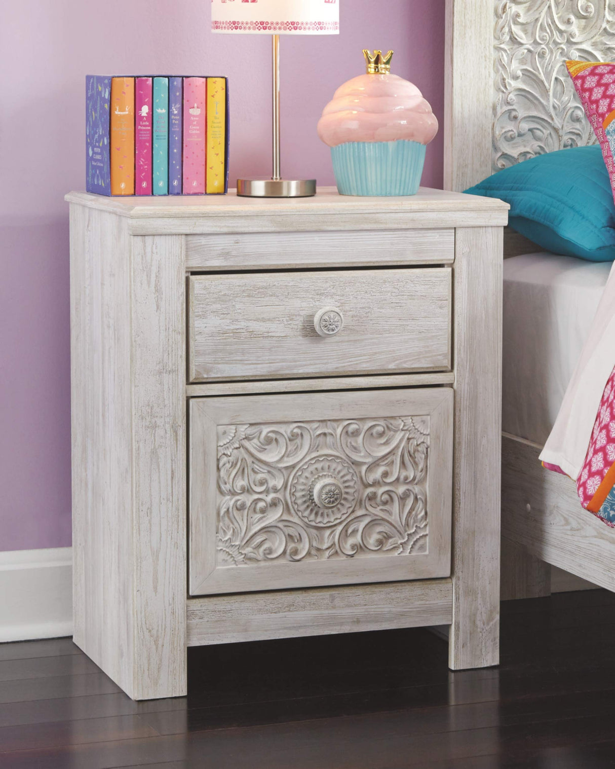 Design by Ashley Paxberry Boho 2 Drawer Nightstand with 2 Slim-Profile USB Charging Ports, 29.21" Tall, Whitewash