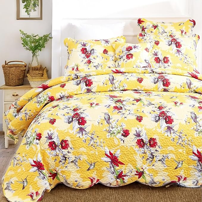 Radiant Sunshine Yellow Floral Bedspread Set - Hummingbirds Farmhouse Red Flowers