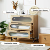 3 Drawers Dresser, Wooden dresser with Tempered Glass Drawers and Metal Handle