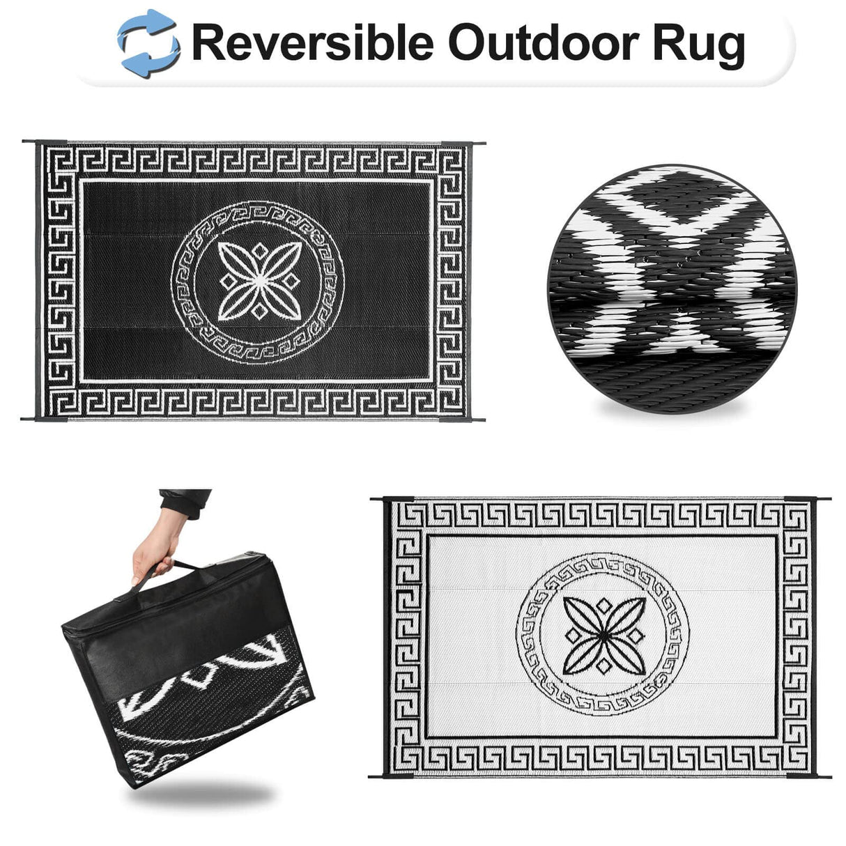 Outdoor Reversible Rugs for Patio 9x12 ft - Plastic Area Rug, Stain & UV Resistant Portable