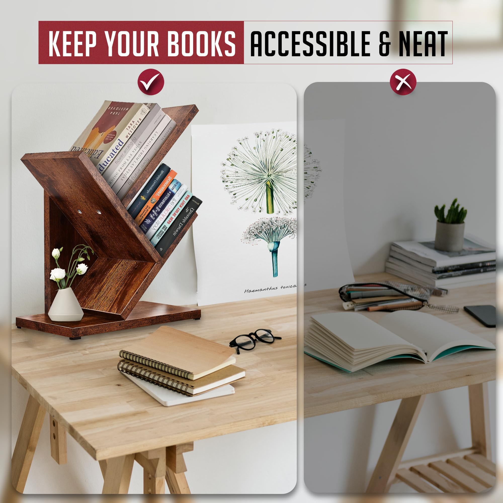 3-Tier Small Tree Bookshelf - Narrow Wooden Floor Standing Bookcase for Small Spaces - Modern Book Shelf Organizer for Bedroom, Living Room, Home Office, Corner, Thin Rustic Brown Bookshelves
