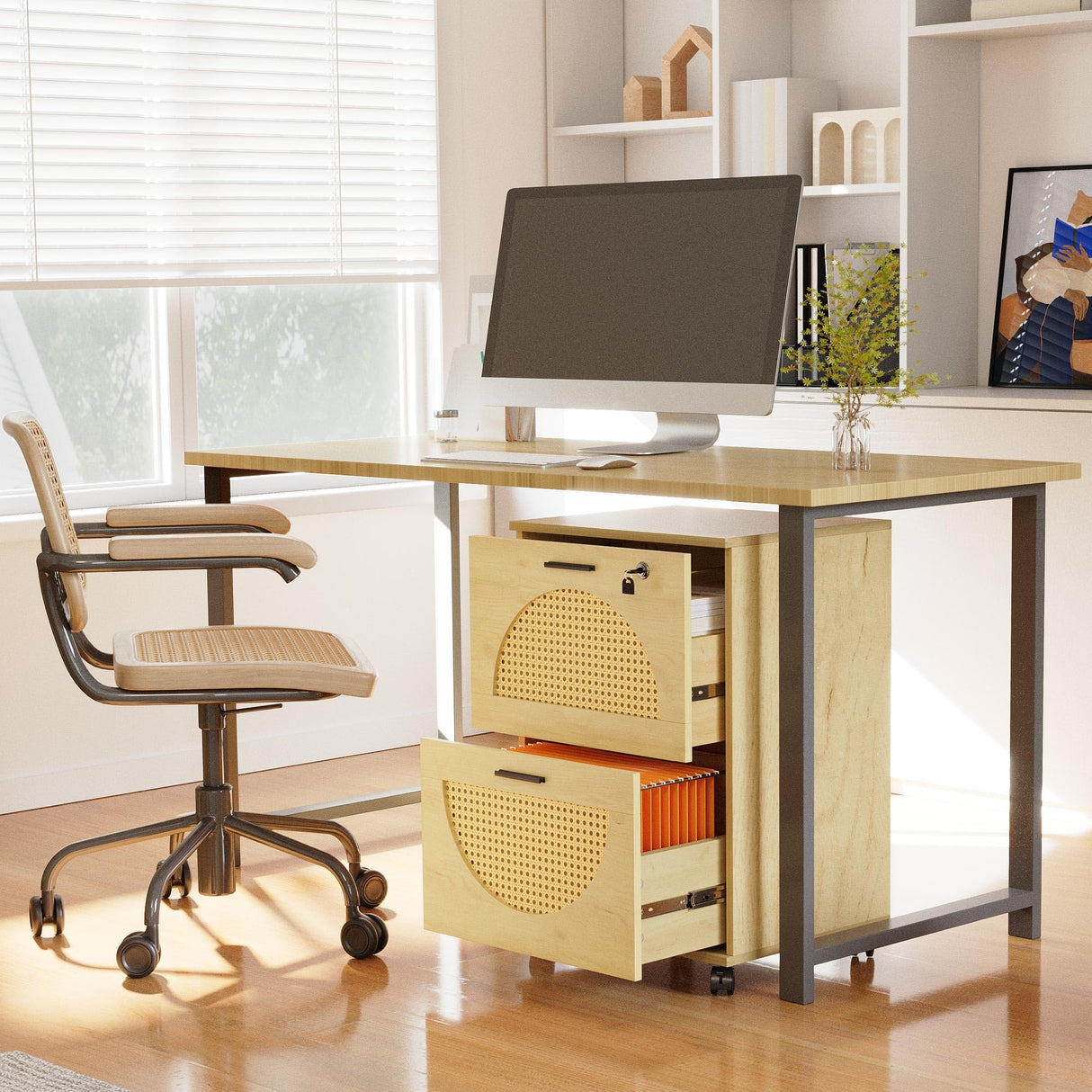 2 Drawer File Cabinet with Charging Station, Rattan Filing Cabinet with Lock