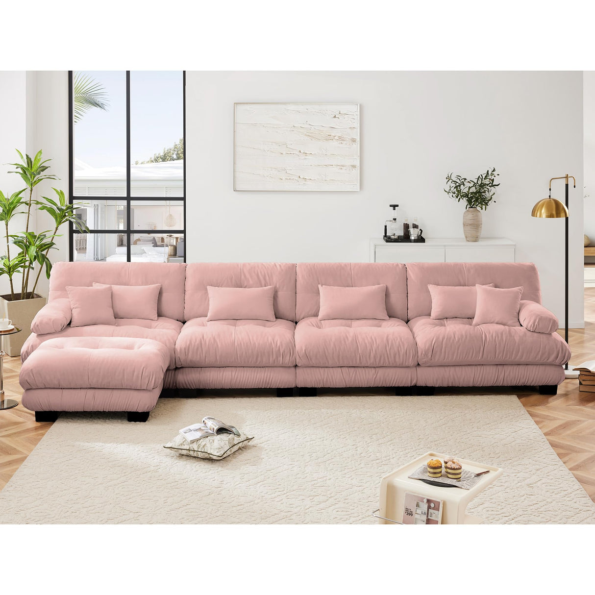 Sectional Sofa Couch, Chenille Oversized 4 Seater Cloud Couch with 6 Soft Pillows