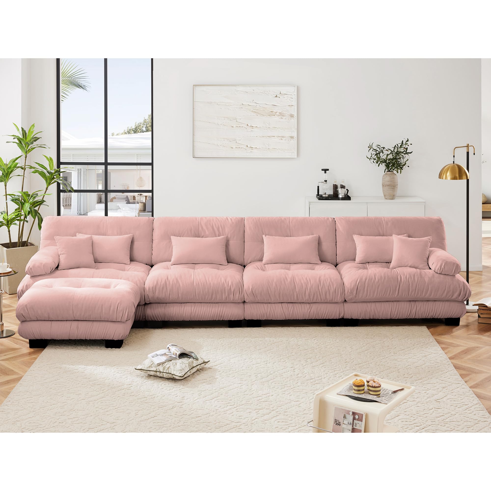 Sectional Sofa Couch, Chenille Oversized 4 Seater Cloud Couch with 6 Soft Pillows