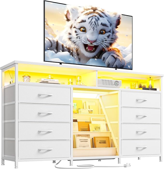 TV Stand for 65" TV, Entertainment Center with Power Outlet and Open Storage Shelves,