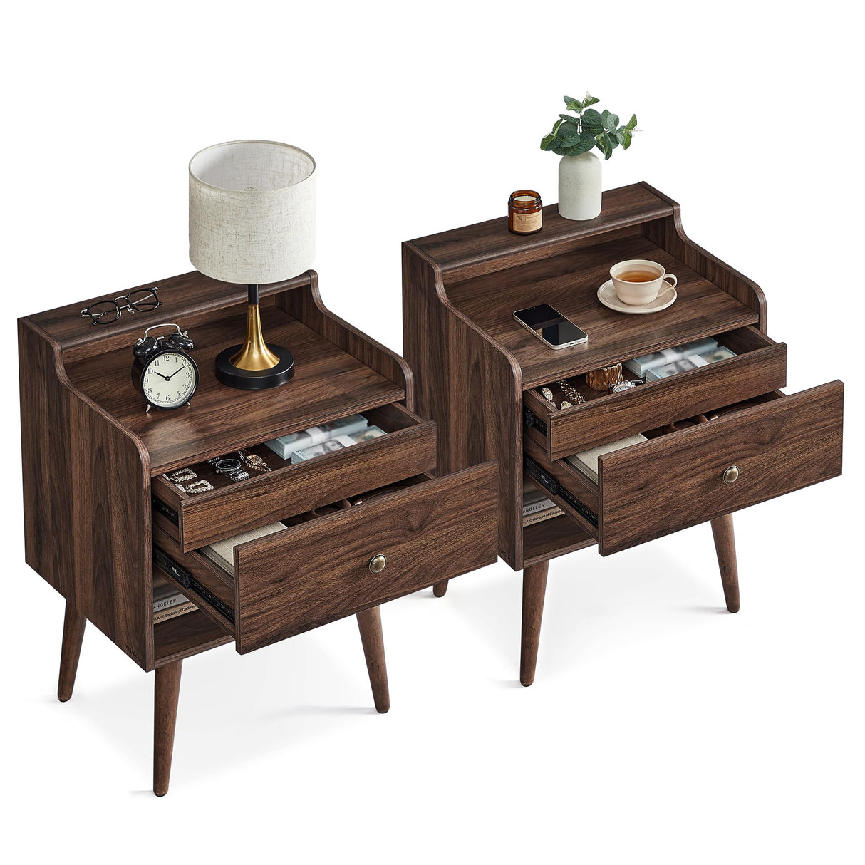 Nightstands, Set of 2, Bedside Tables with Hidden Drawers, Mid-Century End Tables