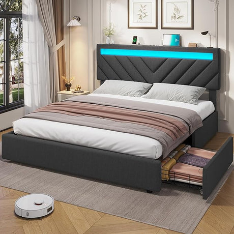 Full Bed Frame with LED Lights and Drawers, PU Leather Bed with Charging Station,