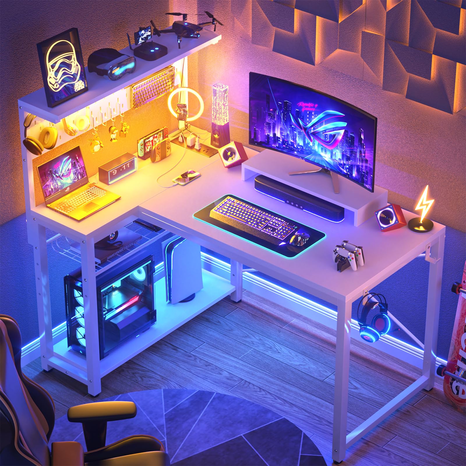 Small Gaming Desk with Power Outlets Pegboard LED Light, 43 Inch L Shaped Computer