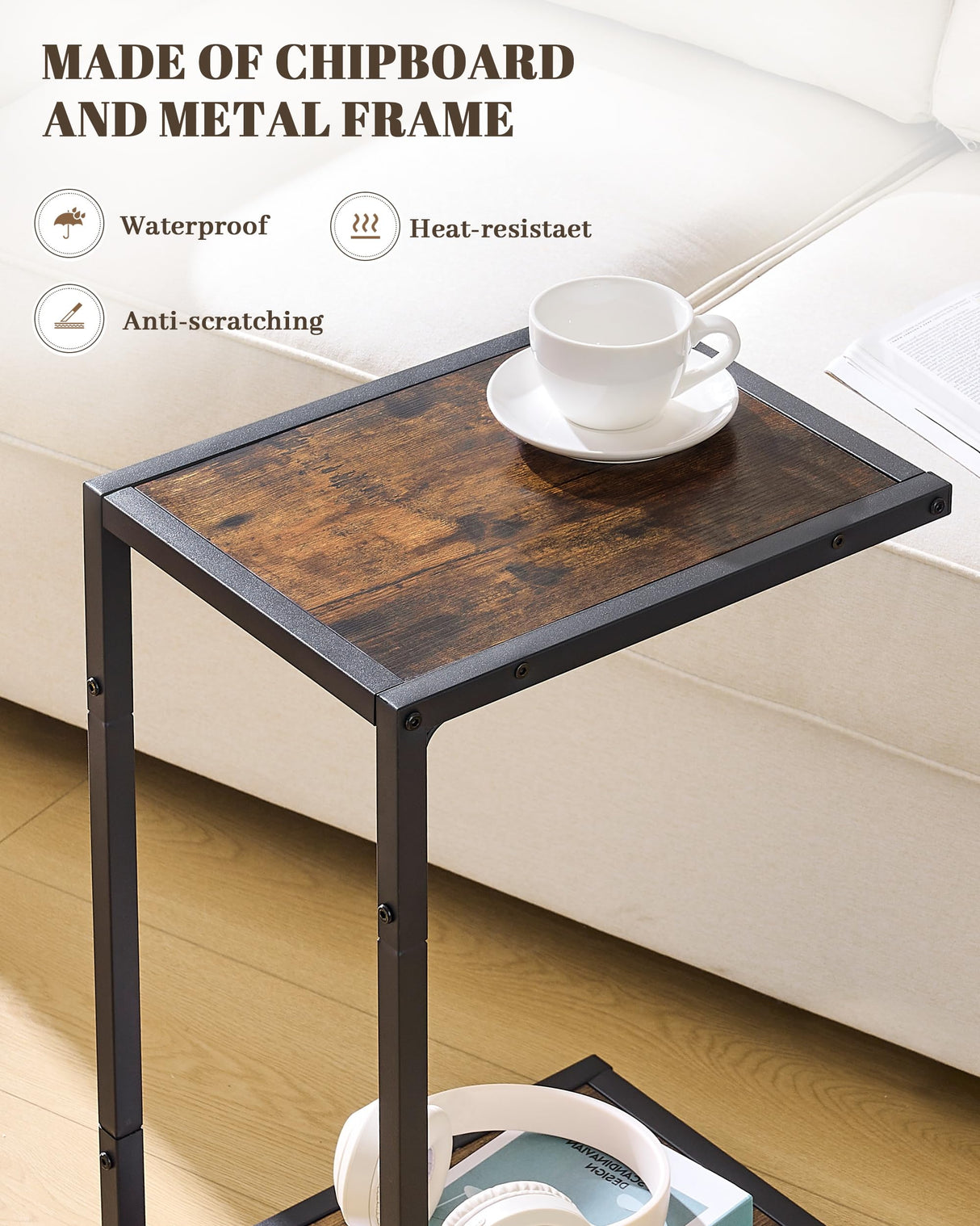 C Shaped End Table for Couch, 2-Tier C Table with Storage Shelf