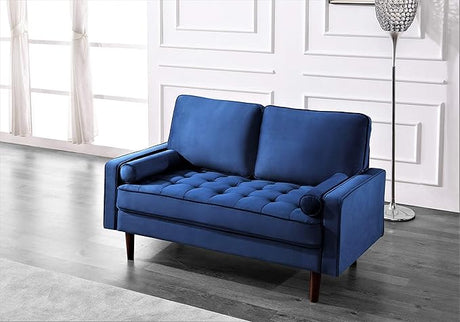 Womble 58 Inch Velvet Loveseat Sofa with Elegant Button Tufted Upholstery, Square Arms, Splayed Wood Legs, Includes Matching Bolster Pillows, Steel Blue