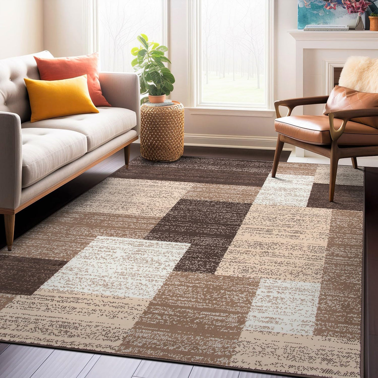 Contemporary Distressed Boxes Area Rug - Brown