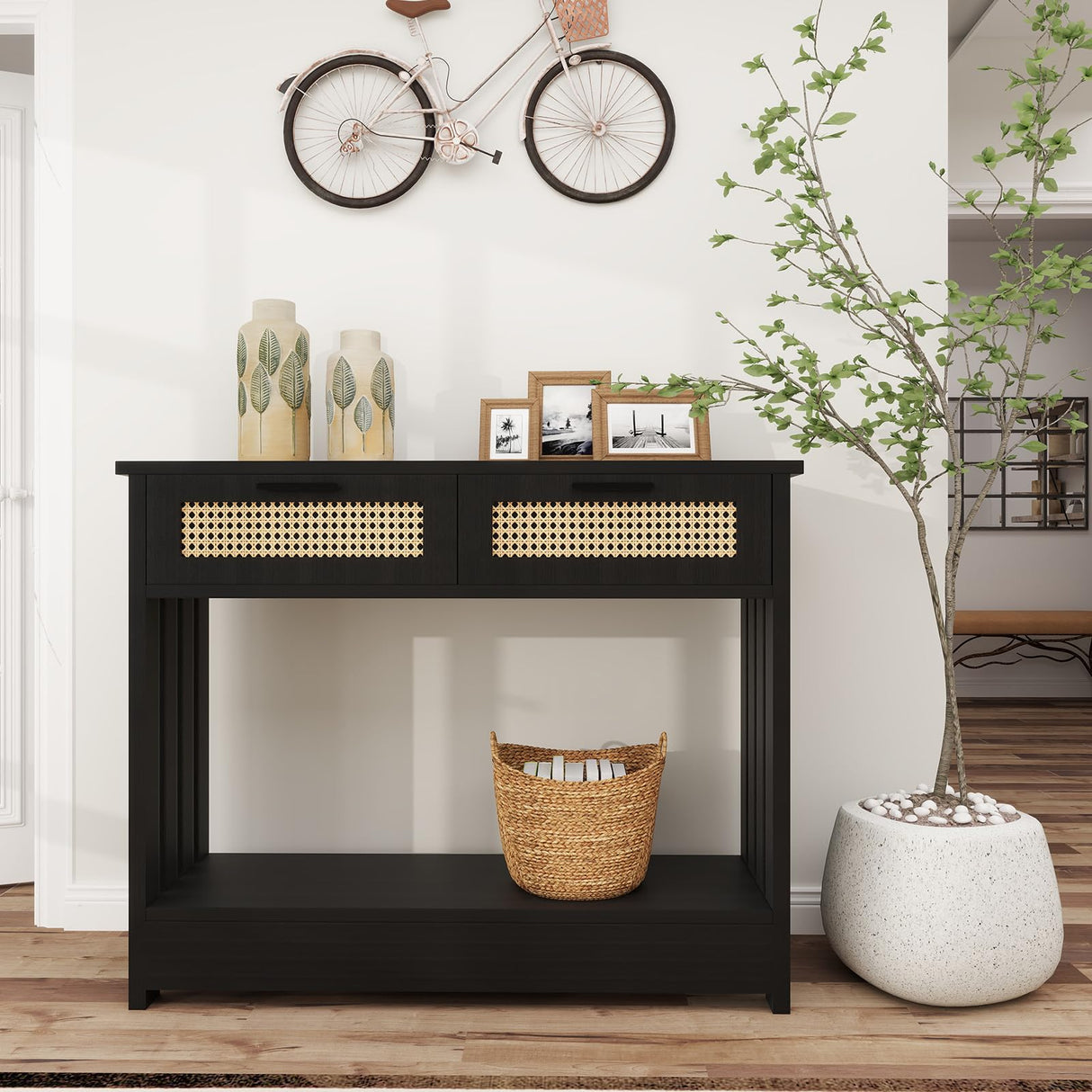 Rattan Console Table, 2-Tier Entryway Table with Drawers and Storage 68lbs
