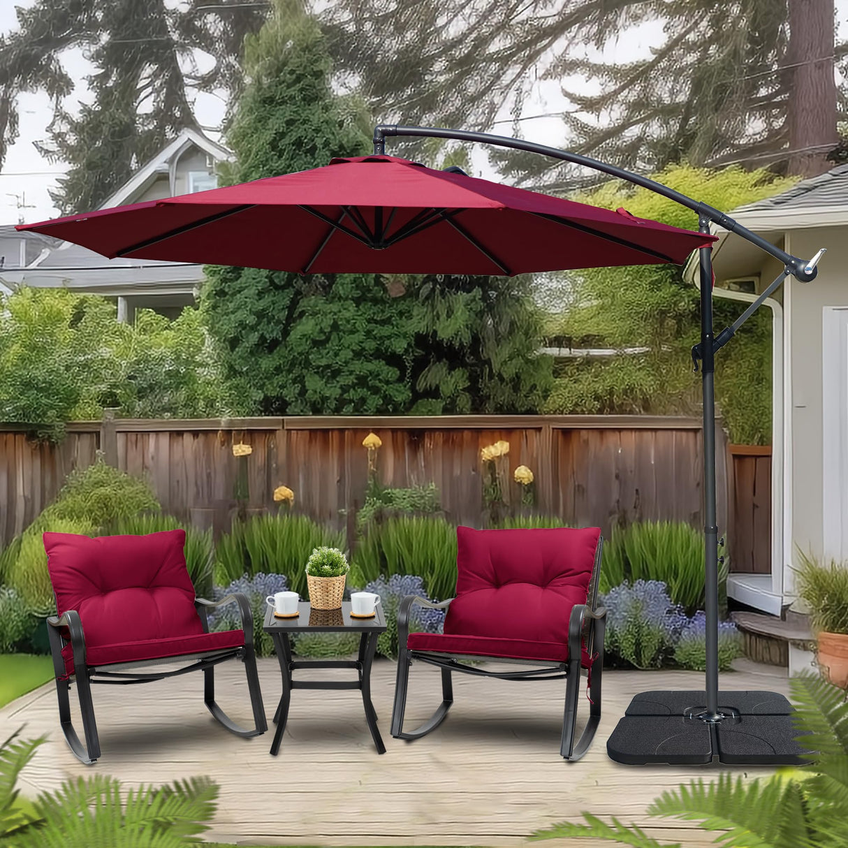 Large Outdoor Patio Umbrella with Base, Offset Cantilever Hanging Market Style