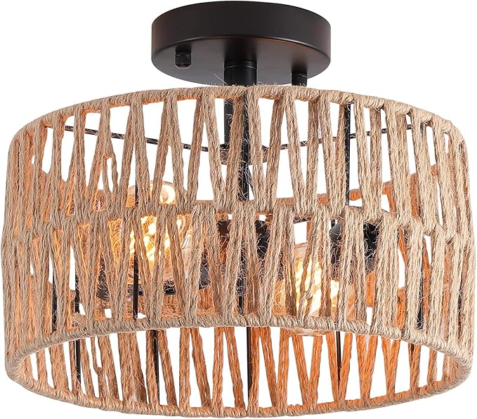 Coastal Black Woven Flush Mount Light Fixture Rustic Industrial Hemp Rope Round Flush