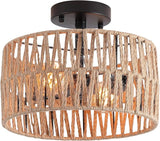 Coastal Black Woven Flush Mount Light Fixture Rustic Industrial Hemp Rope Round Flush