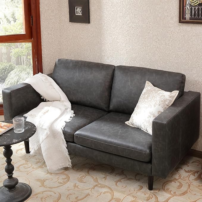 65" Loveseat Sofa, Faux Leather Love Seat Couch, Mid Century Modern Couch