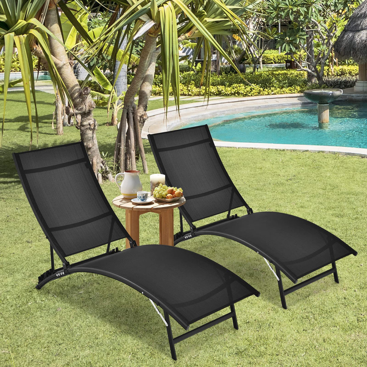 Outdoor Chaise Lounge Set of 2, Foldable Pool Lounge Chairs with 5-Position