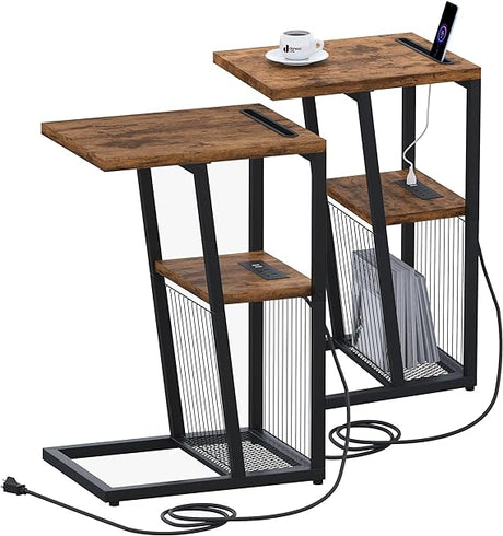 Side Table, C Shaped Nightstand End Table with Charging Station and Phone Holder