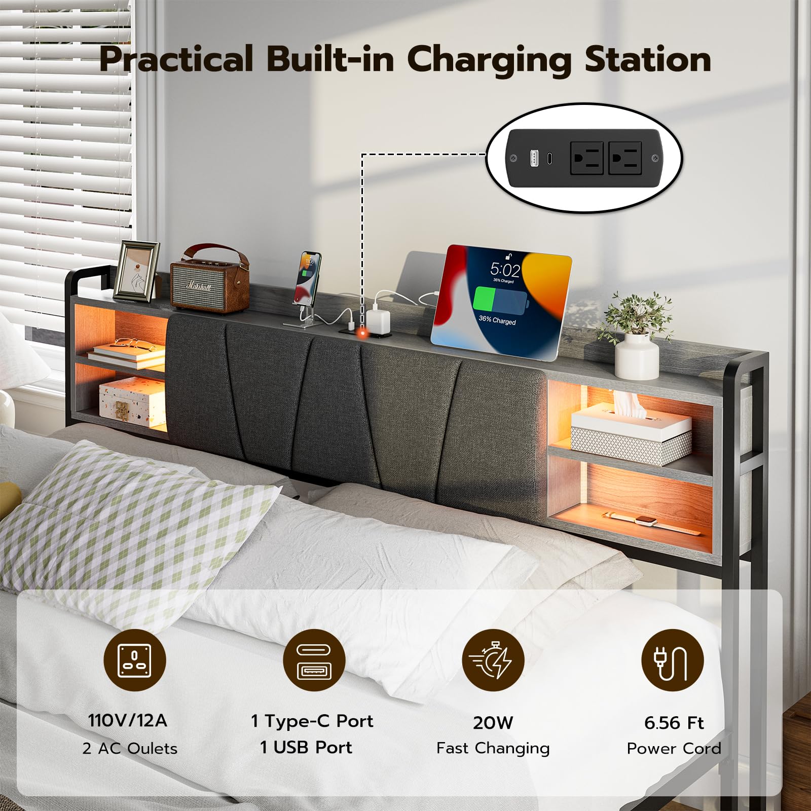 KZNGK California King Bed Frames with Storage Headboard & Charging Station, Upholstered Linen LED Platform Bed with 2 Drawers, No Box Spring Needed,No Noise, Gray