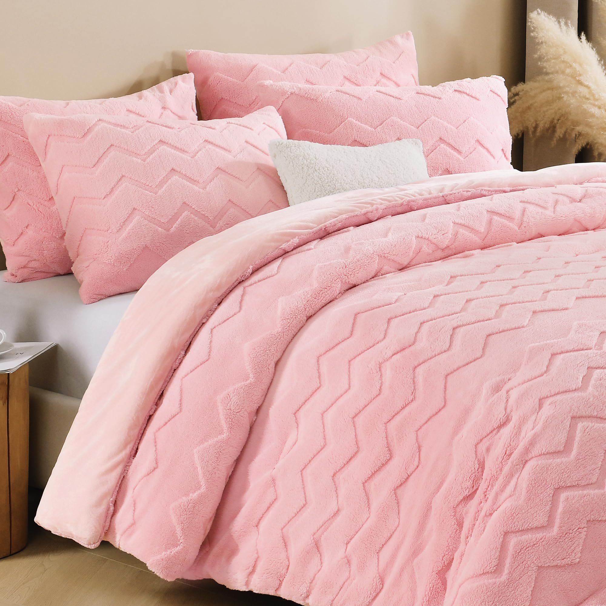 Fluffy Comforter Full Set - Soft Fuzzy Sherpa Pink Comforter for Full Size Bed