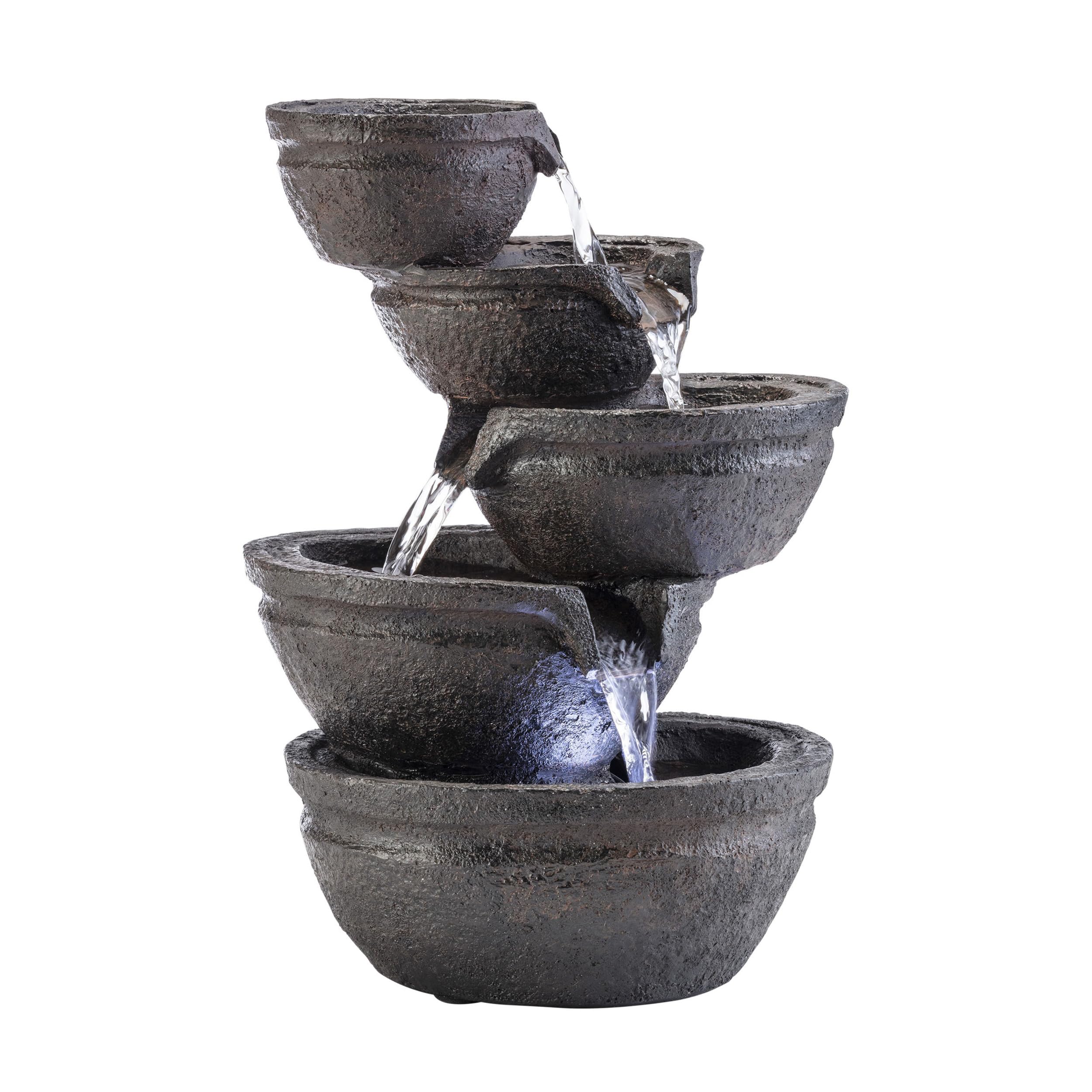 WIN1138 13" Indoor Tabletop Tiering Bowls Water Fountain with LED Lights – Cascading Water Feature for Home