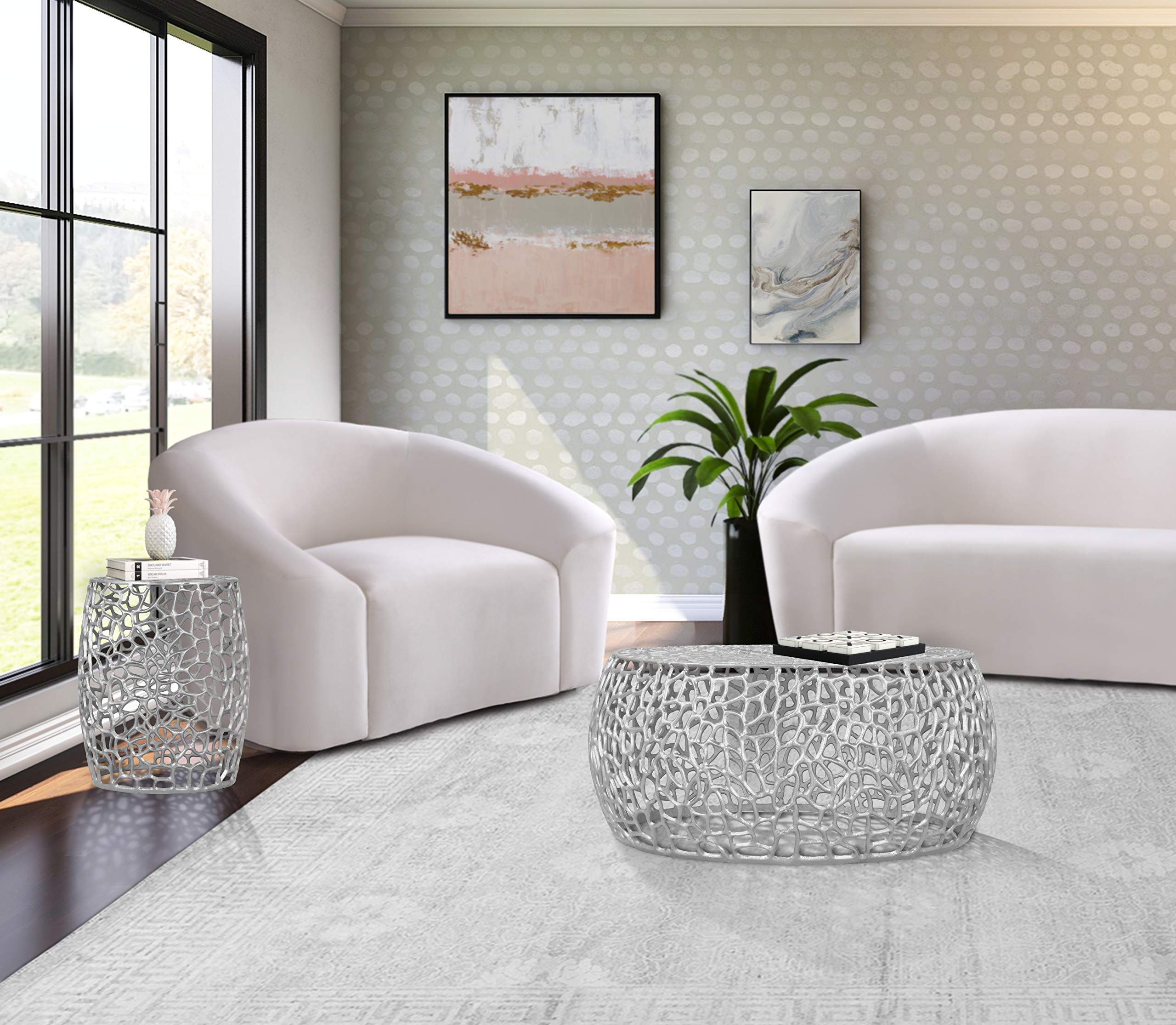 Priya Collection Modern | Contemporary Solid Aluminum Round End Table with Intricate Design,