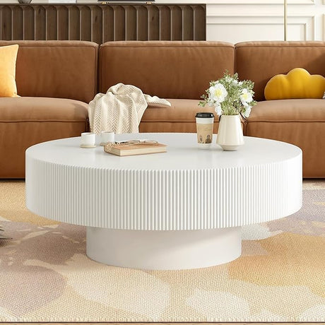 Black Round Coffee Table Modern Side Table End Table for Living Room, Wood Circle Drum Coffee Table Contemporary Living Room End Table Side Table, Matte Black (ø35.4'' x 13.7'')