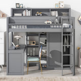 Twin Loft Bed with Storage Shelves and Under-Bed Desk, Wooden Bed Frames with Wardrobe and 3 Cabinets, Gray