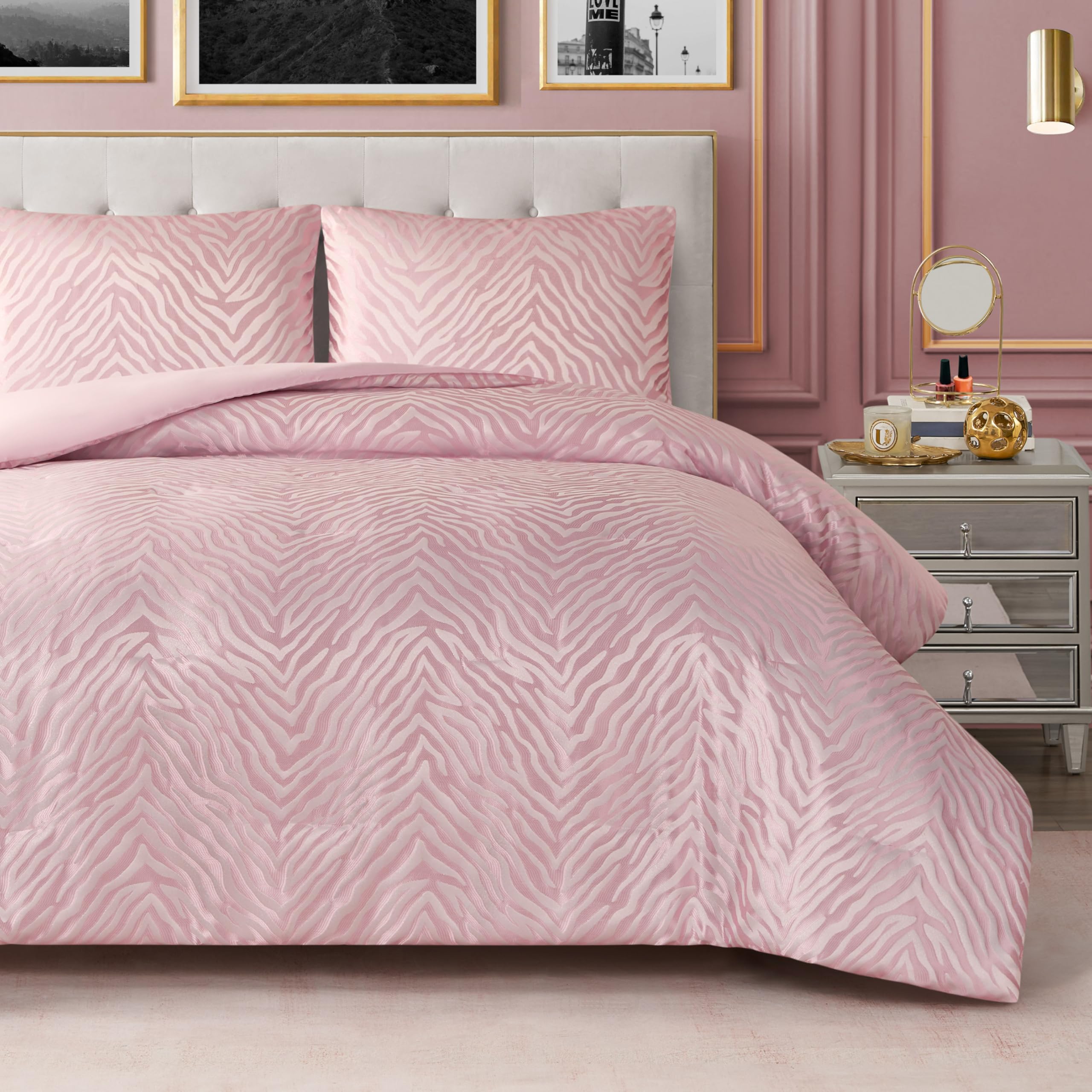 Pink Marshmallow Sparkle Zebra Jacquard Full/Queen Comforter Set - 3 Piece