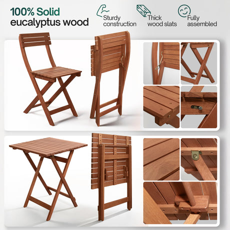 Tranquillo Foldable Eucalyptus Wood Bistro Set – 3-Piece Outdoor Patio Table and Chairs Set, Compact Folding Balcony Furniture, Weather & Water Resistant Garden Set for Small Spaces