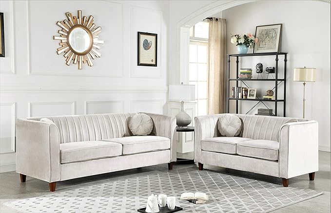 55" Modern Loveseat with Soft-Cushioned Backrest, Piped Details & Tapered Wood Legs