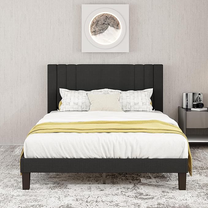 Queen Size Bed Frame, Linen Fabric Upholstered Platform