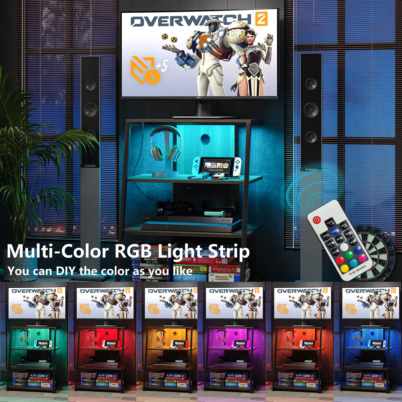 4-Tier AV Media Stand with Charge Station, Corner TV Stand with LED Lights