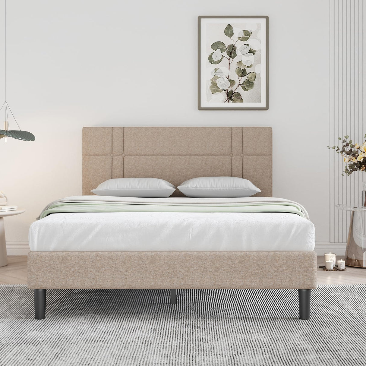 Novilla Queen Bed Frame with Headboard Queen Platform Bed Frame for Bedroom Bed Frame Queen Size with Upholstered Headboard, No Box Spring Needed, Easy Assembly, Beige